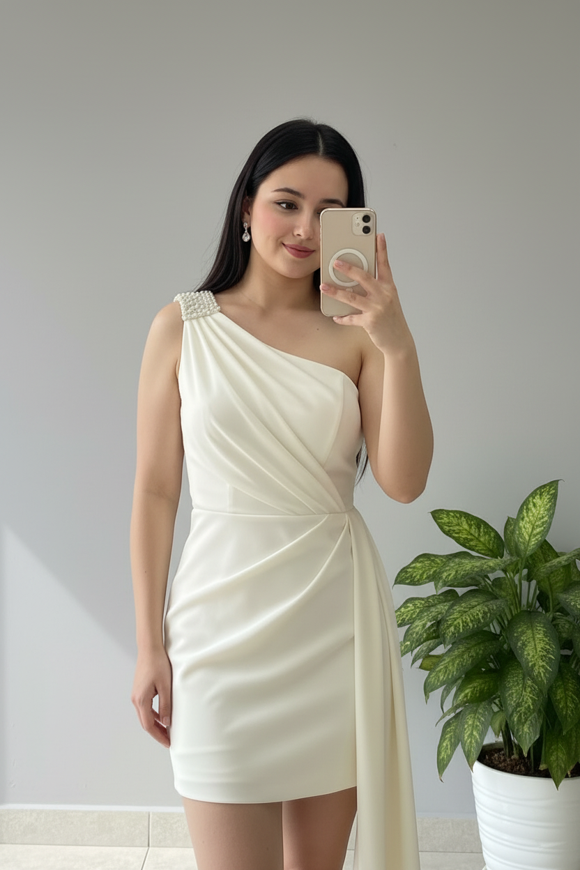 Vestido Blanco Mini Un Hombro con Perlas y Cola de Chifón cod.484