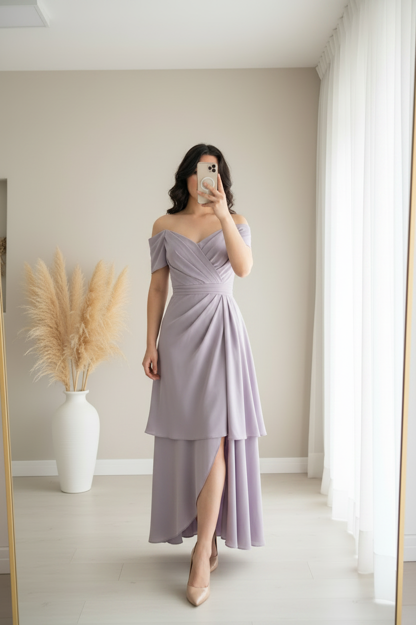 Vestido Lila Off-Shoulder Doble Capa cod.0089