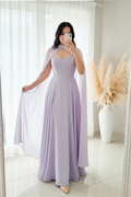 Vestido Lila Lavanda Strapless A-Line Capa Halter Bordados Cristal cod.00107