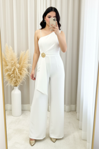 Enterizo Blanco One-Shoulder Manga Corta Asimétrica Broche Girasol Dorado Palazzo cod.00118