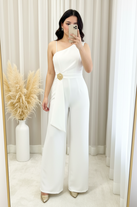 Enterizo Blanco One-Shoulder Manga Corta Asimétrica Broche Girasol Dorado Palazzo cod.00118