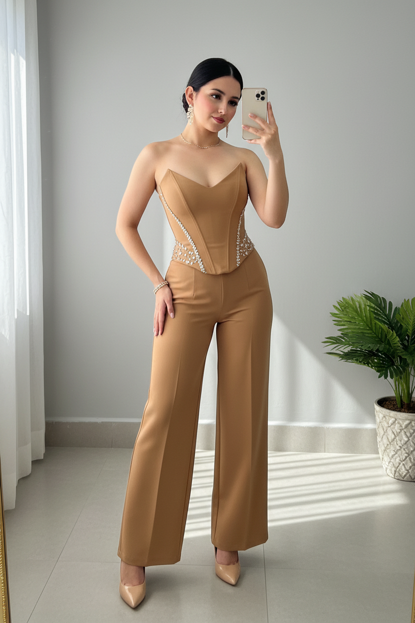 Set Camel Corset Pedrería Exclusivo cod.794