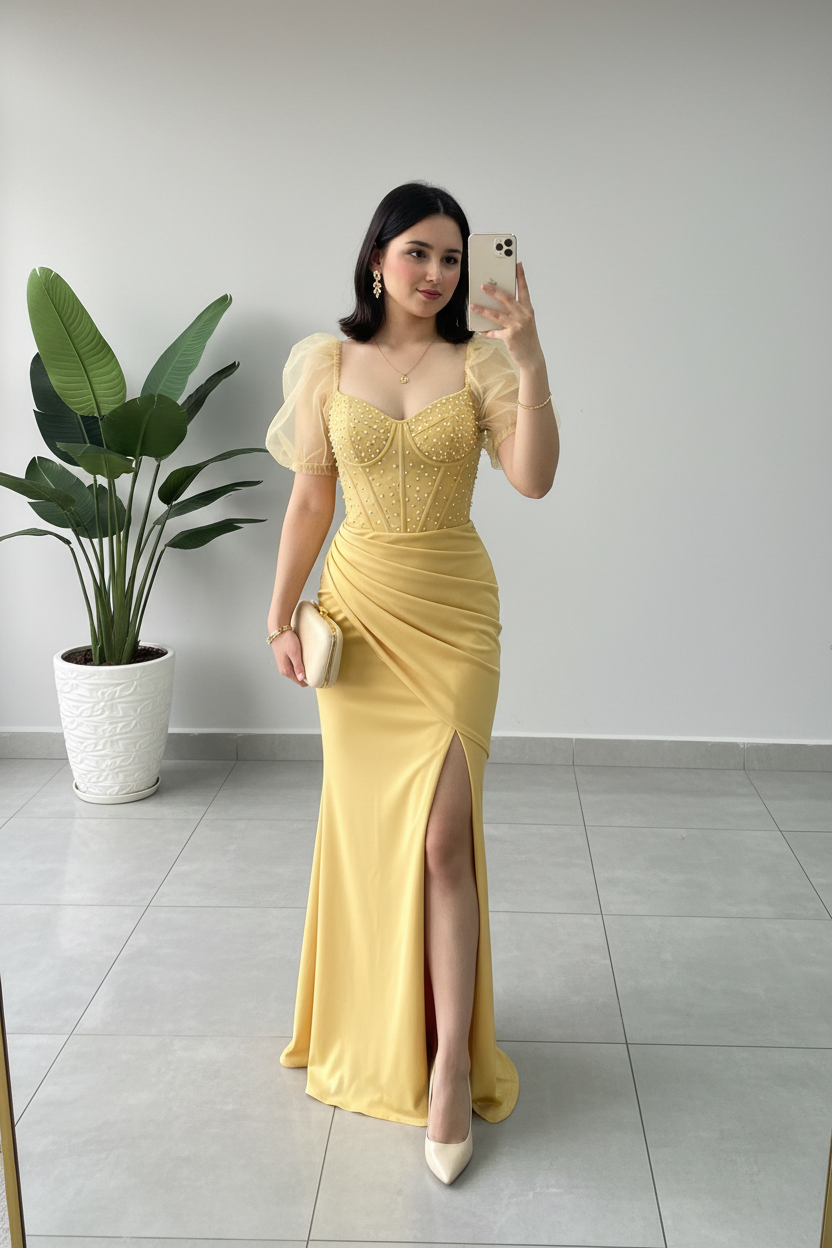 Vestido Formal Amarillo Dorado Corset de Perlas con Mangas de Tul y Abertura cod.522