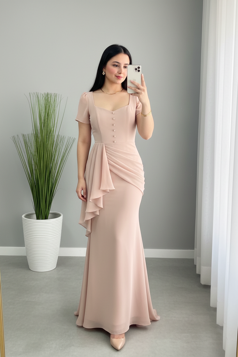 Vestido Blush Rosa Sirena con Botones y Volante Lateral cod.957