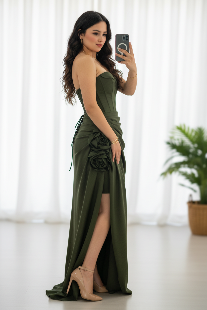 Vestido Verde Oliva Militar Strapless Corset Rosas 3D Cordones y Cola con Abertura cod.774