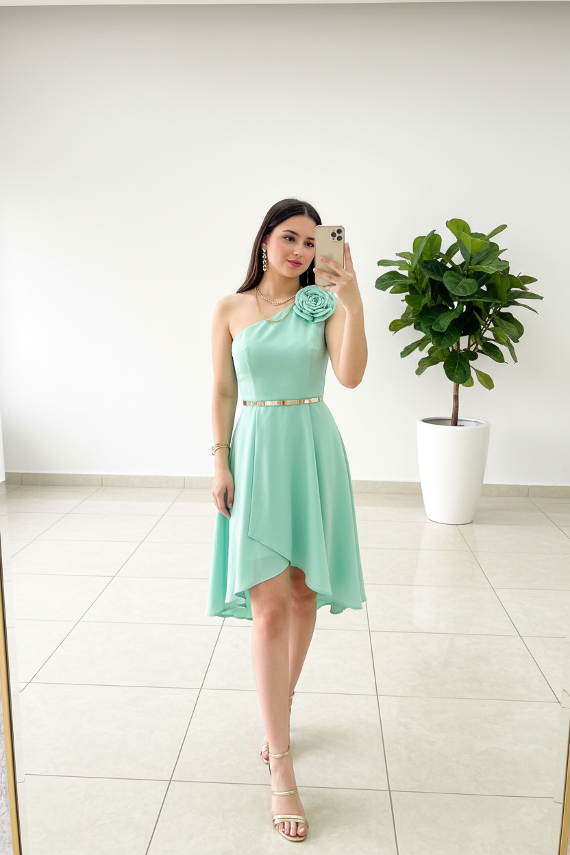 Vestido Verde Menta Un Hombro con Rosa 3D y Falda High-Low cod.452