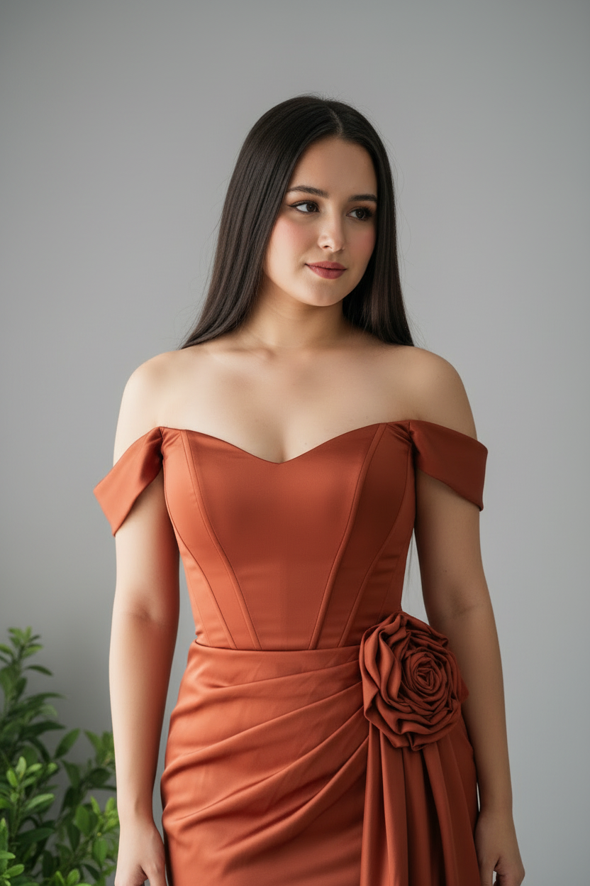 Vestido Sirena Terracota Satinado Rosa D cod.628