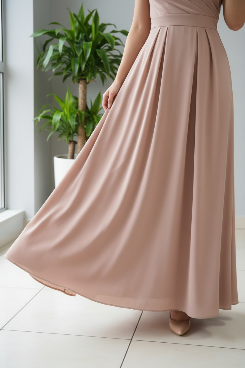 Vestido de Gala Rosa Nude con Moño y Drapeado - Elegante One Shoulder Largo cod.344