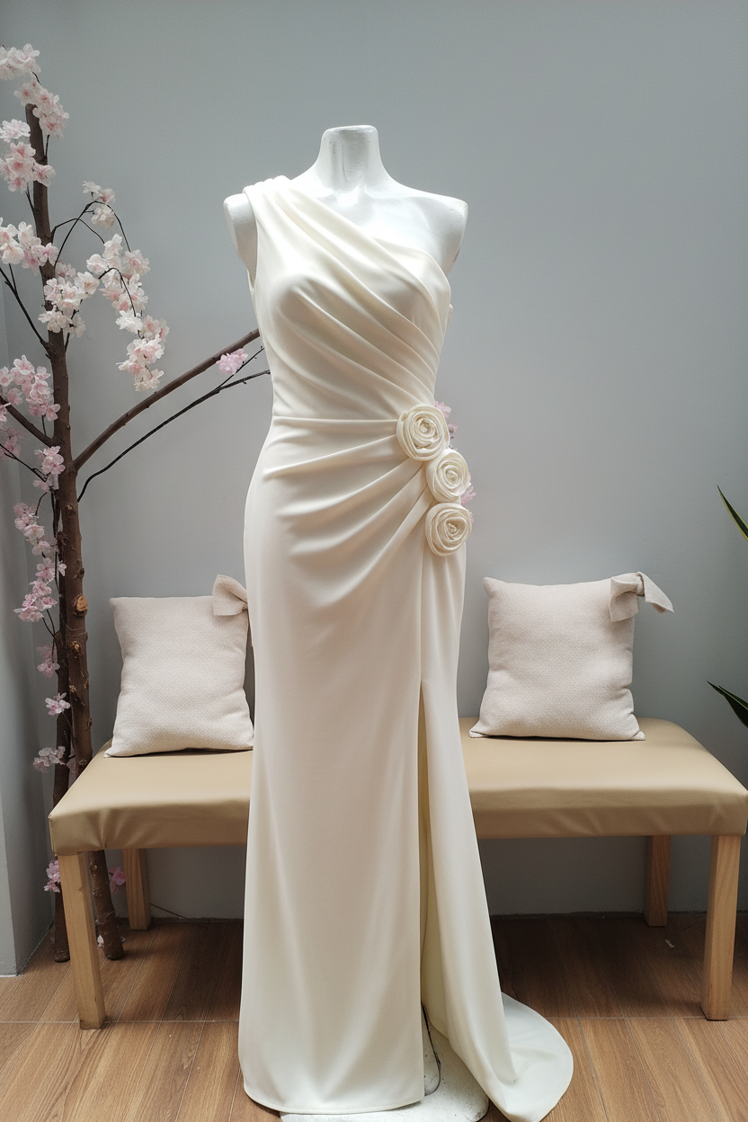 Vestido Crema Un Hombro Rosas 3D cod.V309