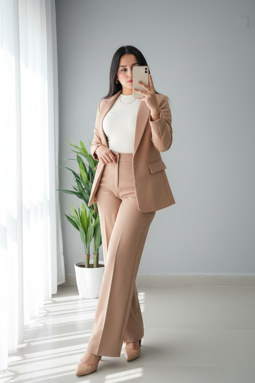 Conjunto 2 Piezas Blazer Sastre Camel y Pantalón Acampanado Tiro Alto cod.769