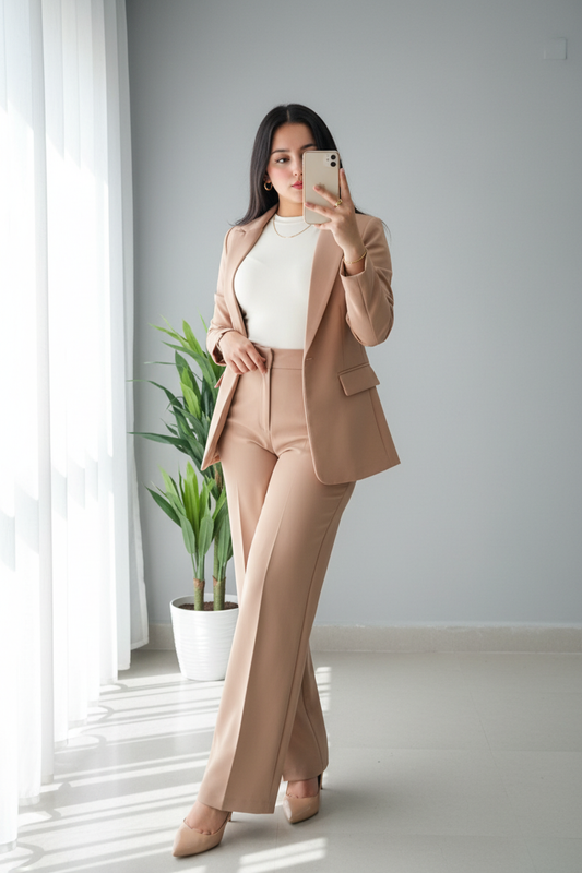 Conjunto 2 Piezas Blazer Sastre Camel y Pantalón Acampanado Tiro Alto cod.769