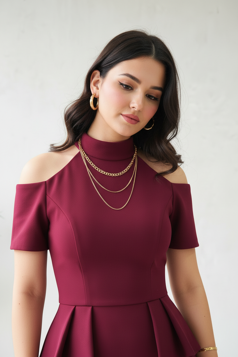 Vestido Sirena Borgoña Mock Neck Cold Shoulder con Peplum Doble cod.432