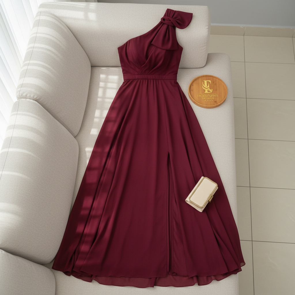 Vestido Largo Borgoña Un Hombro con Lazo y Abertura Frontal cod.423
