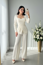 Conjunto Dos Piezas Blanco - Blazer Asimétrico + Pantalón Recto Cod.C838