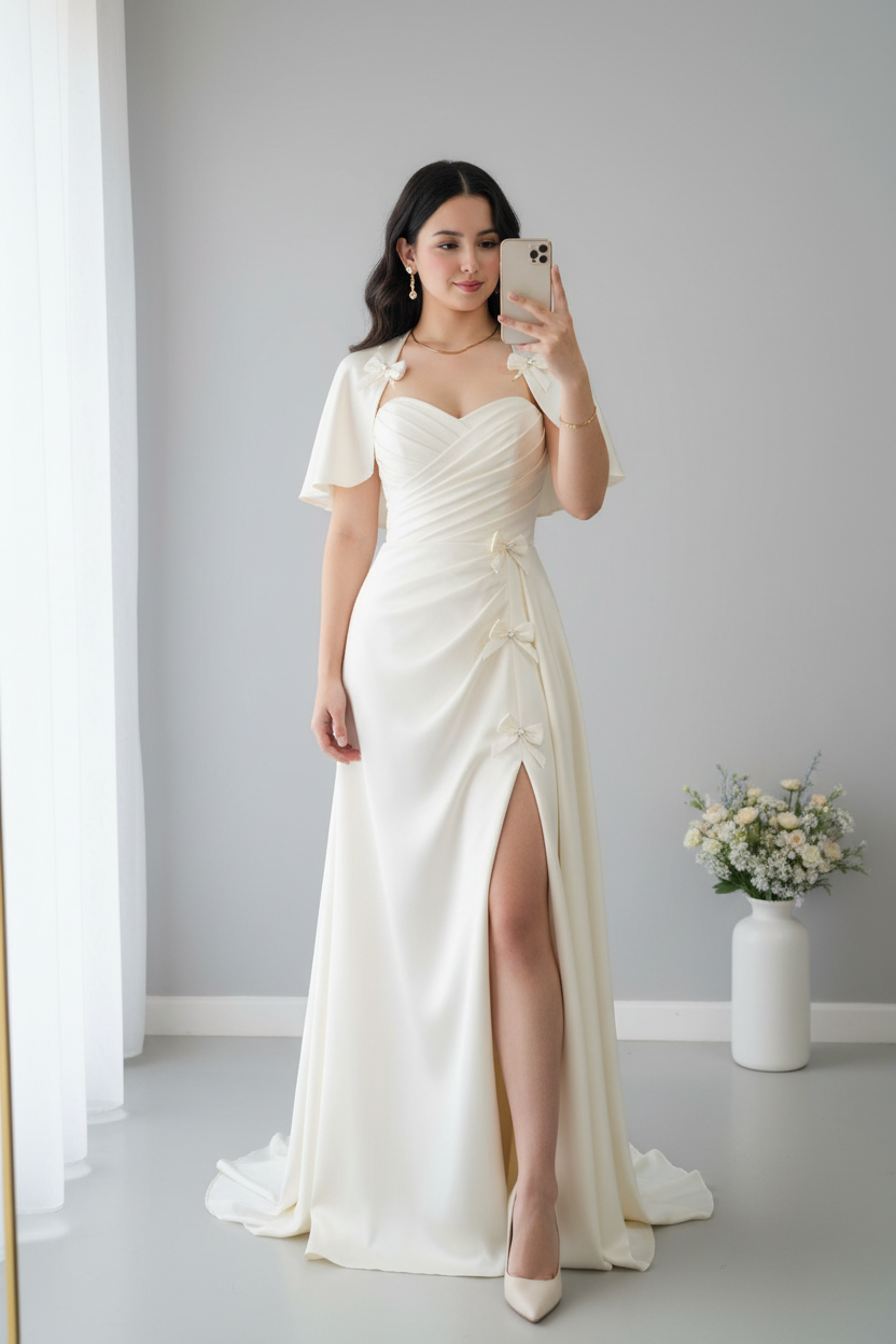 Vestido ivory sirena manga mariposa flores 3D abertura frontal C.1942