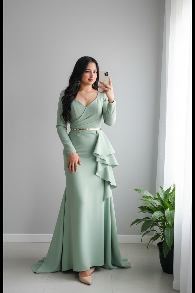 Vestido Sage Green Ruffle – Gown Verde Menta Manga Larga Escote V con Volantes en Cascada & Cinturón Plateado cod.693