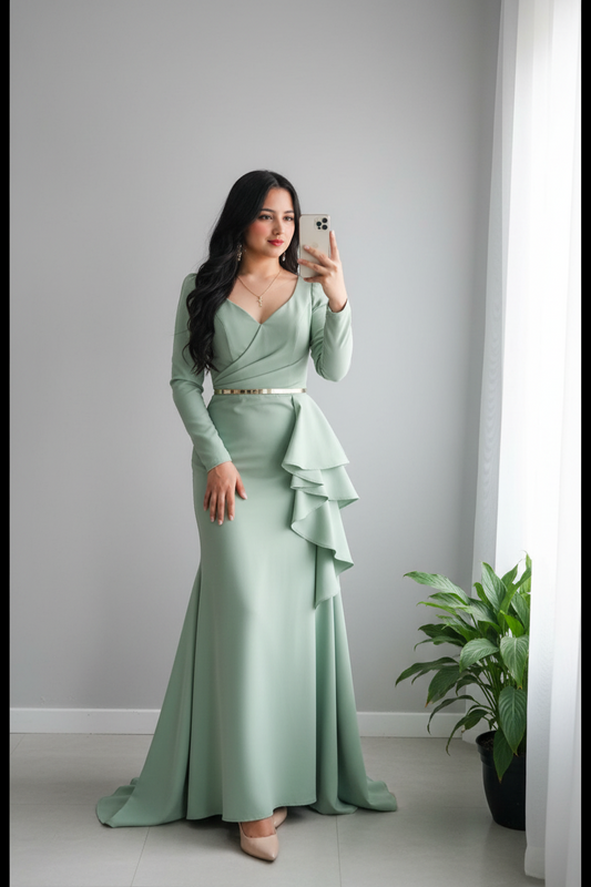 Vestido Sage Green Ruffle – Gown Verde Menta Manga Larga Escote V con Volantes en Cascada & Cinturón Plateado cod.693