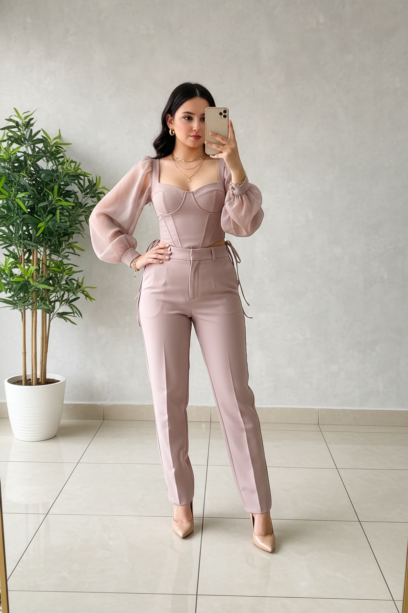 Conjunto Rosa Palo: Top Corset con Mangas Organza y Pantalón Recto cod.412