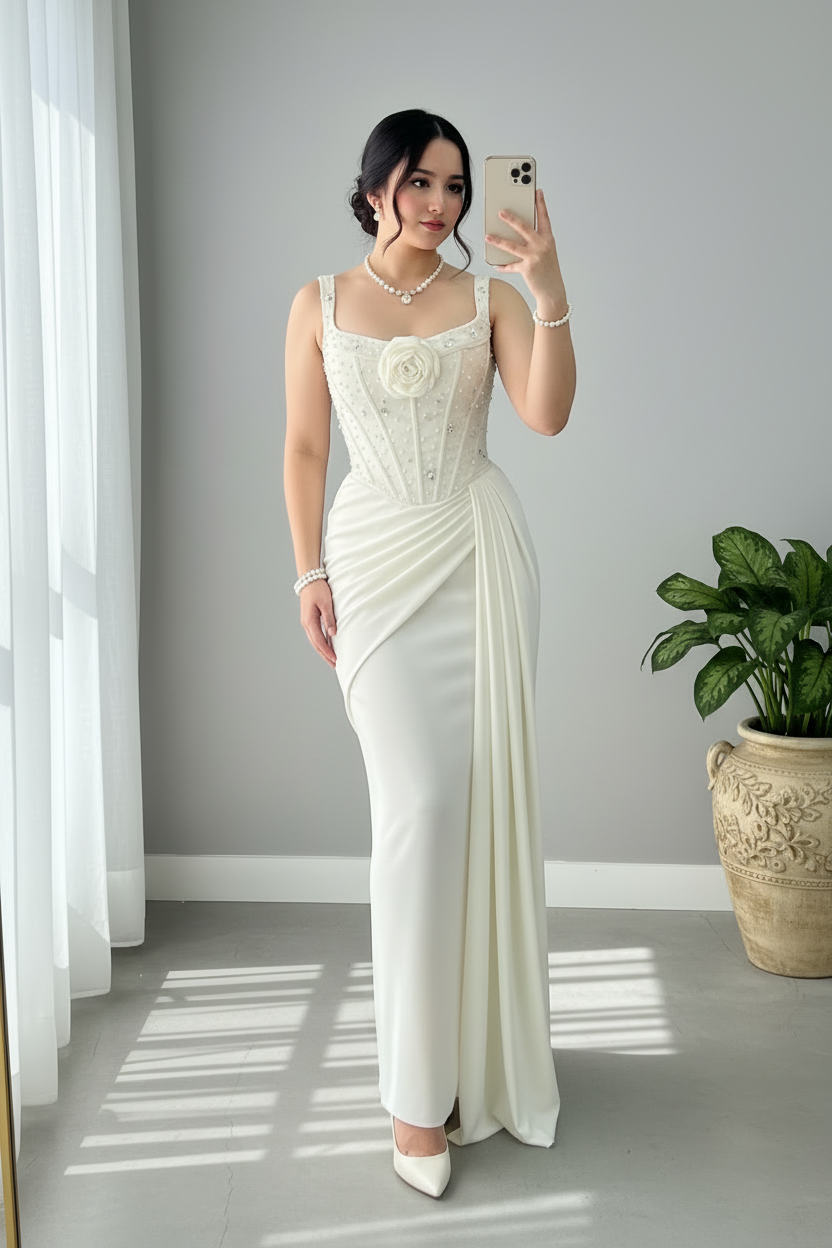 Vestido Blanco Marfil Tirantes Corset con Perlas Rosa 3D y Drapeado cod.812