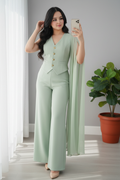 Conjunto Verde Menta — Chaleco Dorado & Palazzo con Capa cod.0027