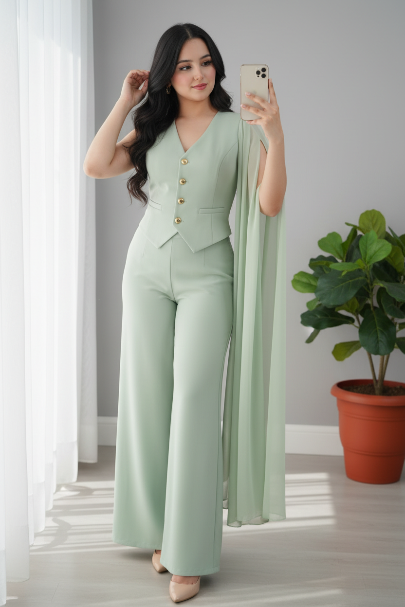 Conjunto Verde Menta — Chaleco Dorado & Palazzo con Capa cod.0027