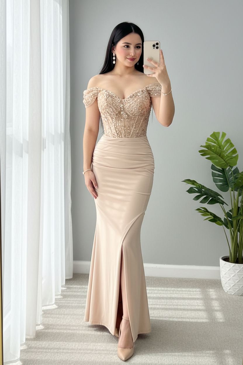 Vestido Champagne Off-Shoulder Sirena Encaje Dorado cod.V683