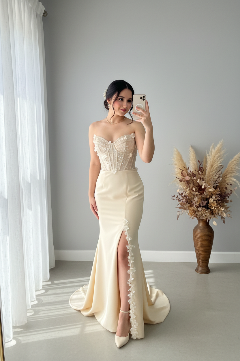 Vestido Crema Corset Floral Abertura Sirena cod.V384