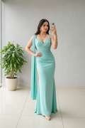 Vestido de Gala Verde Menta con Capa y Drapeado - Elegante Sirena Largo cod.354