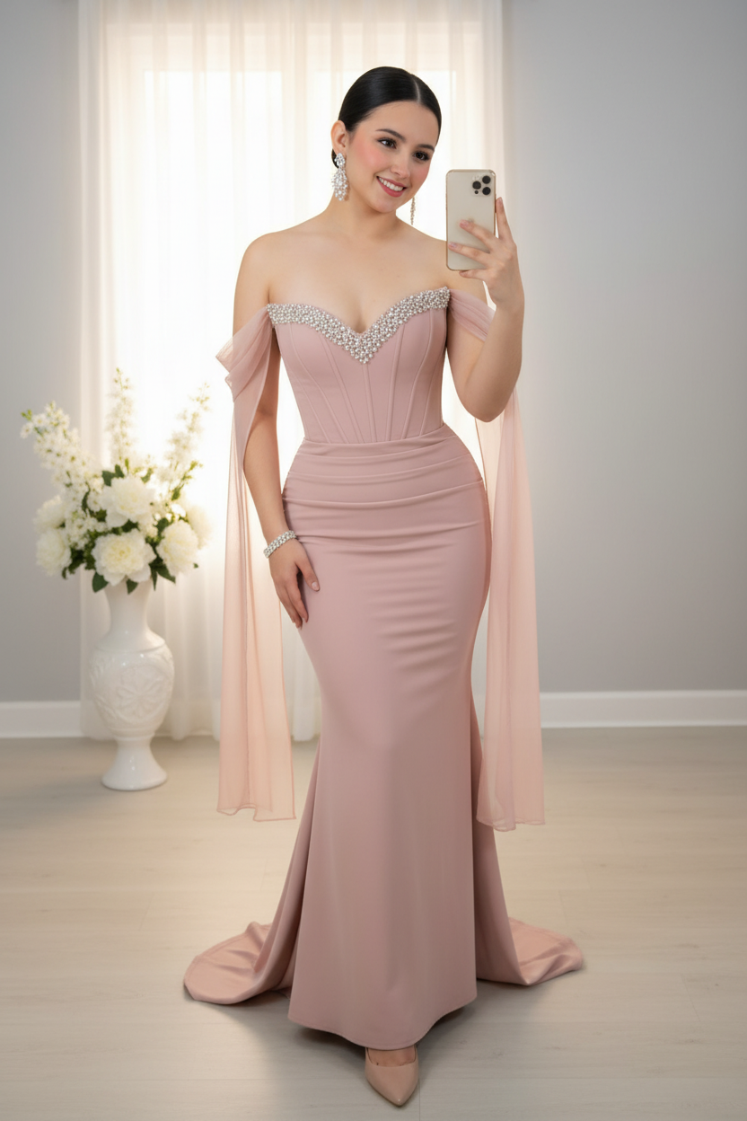 Vestido Largo Rosa Palo Off-Shoulder Corset con Cristales en V y Capa de Chifón cod.V9639