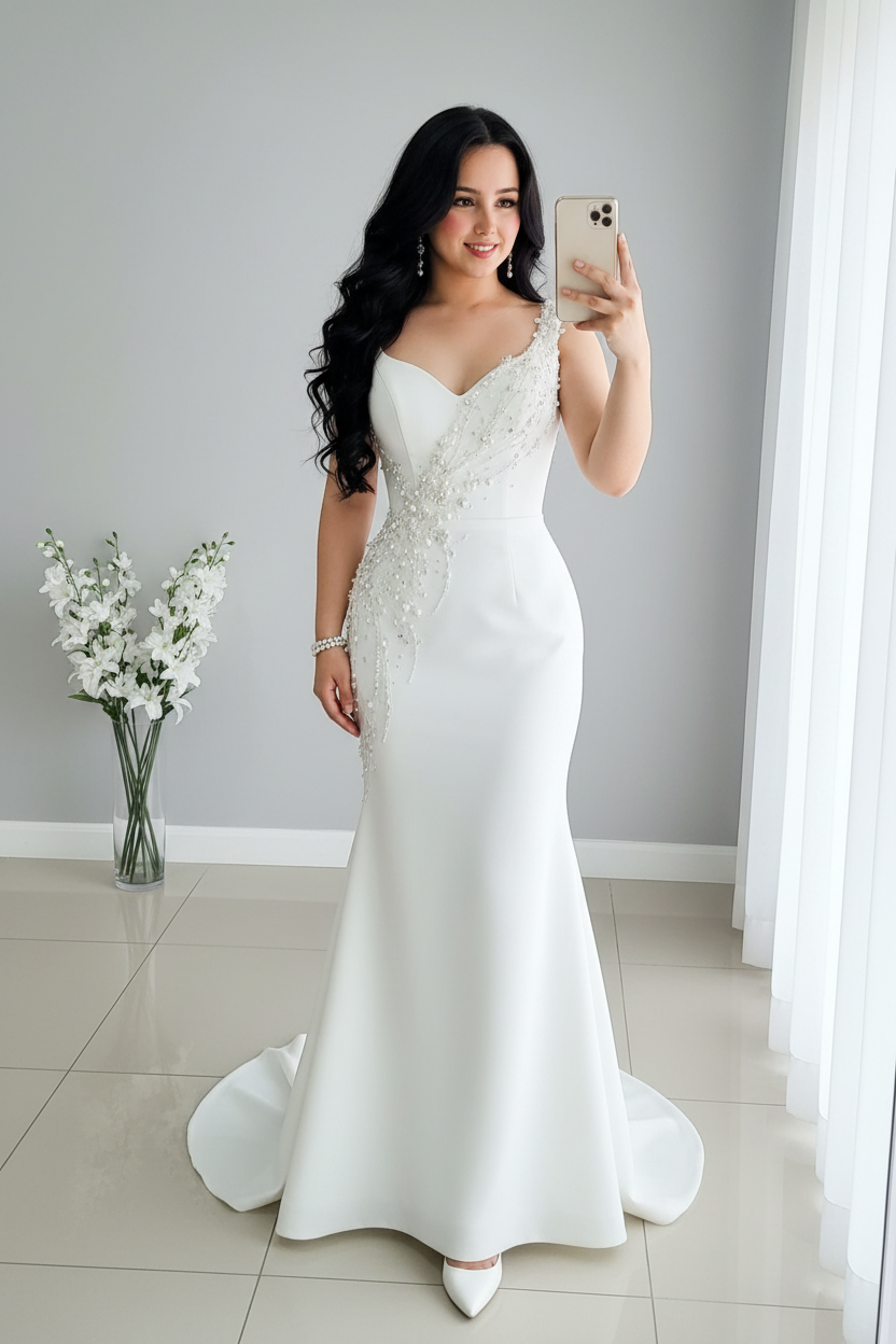 Vestido Novia Blanco Sirena con Bordado de Perlas cod.V0025