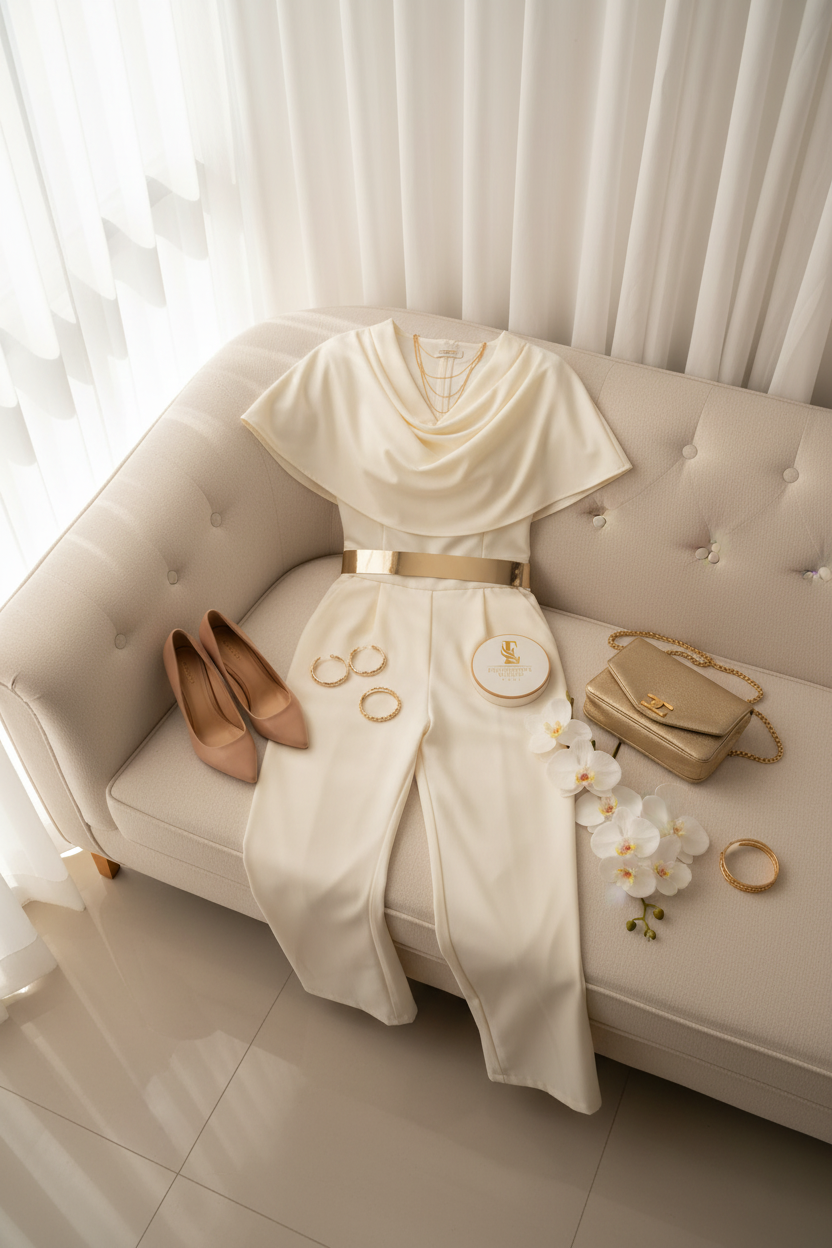 Enterizo Elegante Marfil con Capa  - Sofisticado cod.319