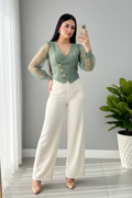 Conjunto Top Verde Sage con Perlas y Pantalón Blanco cod.0063