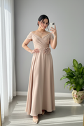 Vestido Champagne — Rosa 3D & Hombros Descubiertos cod.855