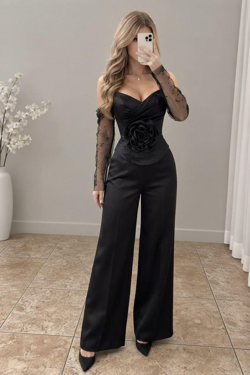 Conjunto Negro Satinado con Rosa 3D y Pantalón Palazzo cod.CJ004