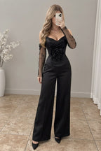 Conjunto Negro Satinado con Rosa 3D y Pantalón Palazzo cod.CJ004