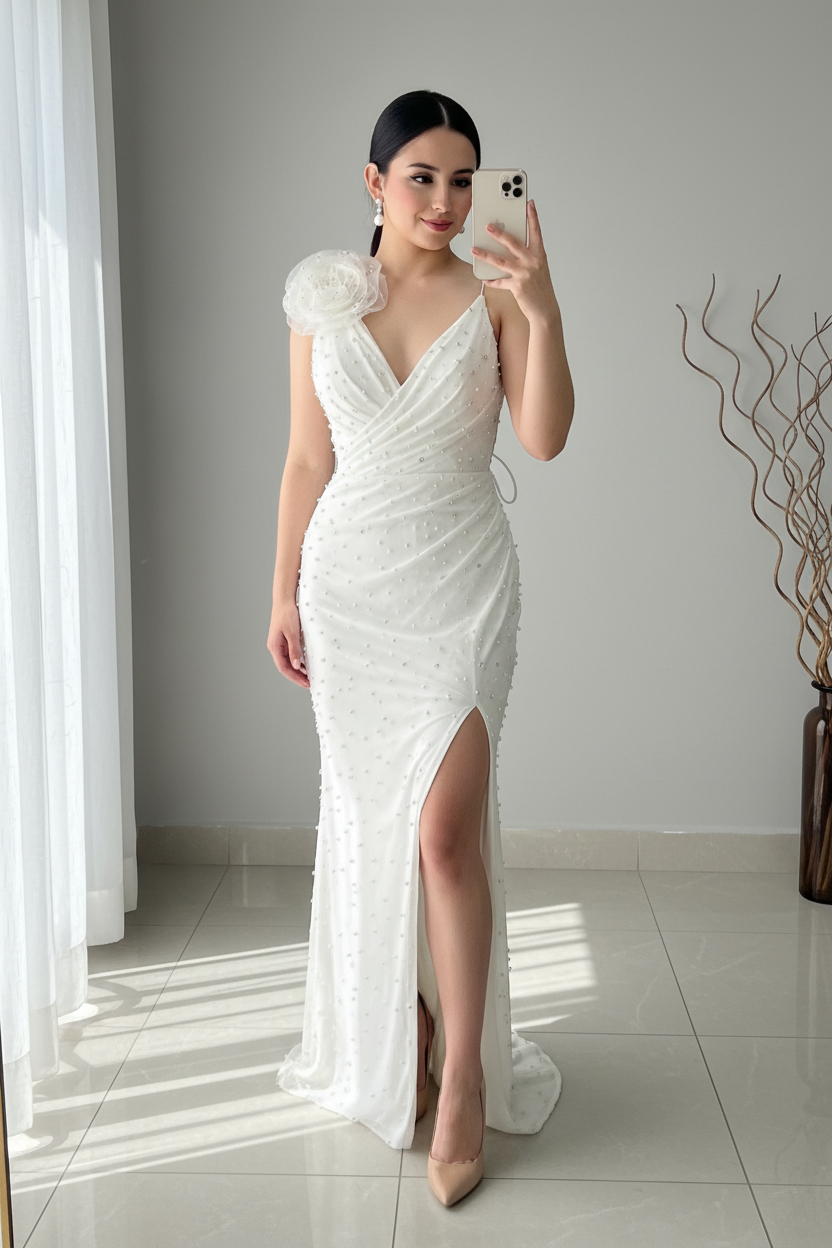 Vestido Blanco Perlas Escote V Rosa 3D  Abertura cod.V323