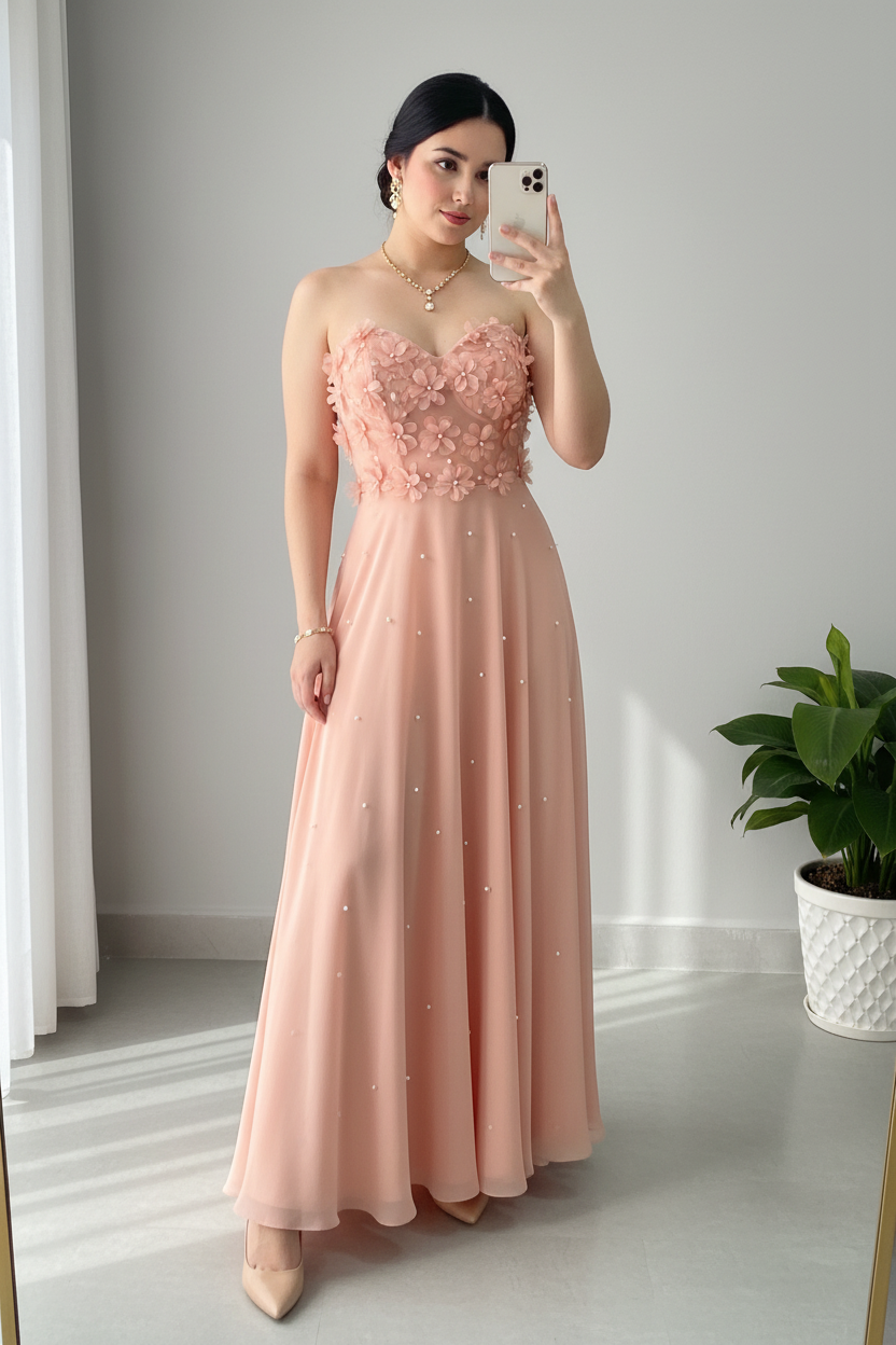 Vestido Rosa Blush Strapless Escote Corazon Flores 3D Perlas Falda A-line Tul Espalda Corset cod.846