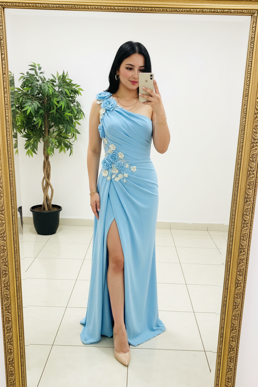 Vestido Largo Azul Cielo Un Hombro con Rosas 3D y Abertura Frontal cod.475