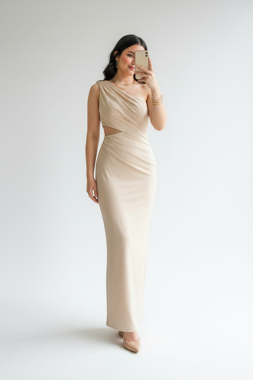 Vestido de Gala Beige Nude con Drapeado Asimétrico y Cut-Out - Elegante One Shoulder Largo cod.351