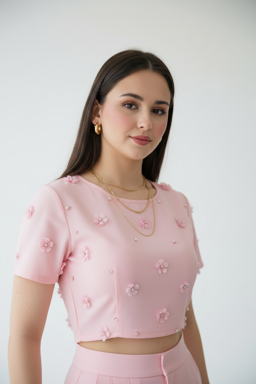 Conjunto Elegante Rosa: Top Crop con Flores 3D + Pantalón Pierna Ancha cod.310