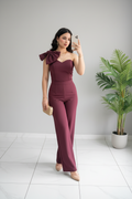 Conjunto Elegante Vino Borgoña Top Strapless con Lazo y Pantalón Wide Leg cod.514