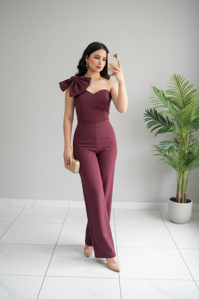 Conjunto Elegante Vino Borgoña Top Strapless con Lazo y Pantalón Wide Leg cod.514