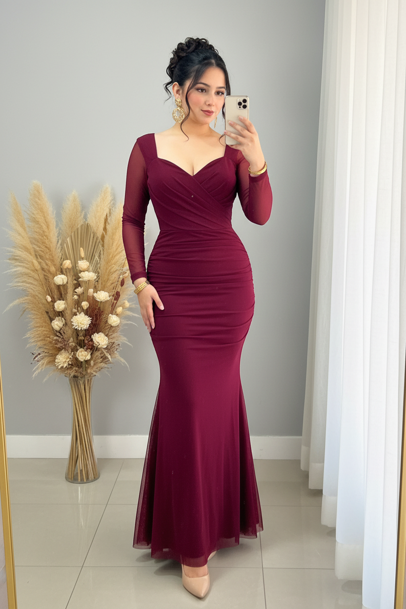 Vestido Vino Sirena con Tul y Drapeado cod.V361