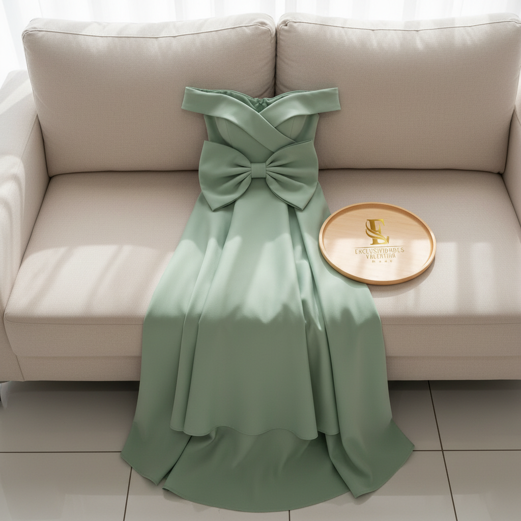 Vestido de Gala Verde Menta Off-Shoulder con Moño Gigante y Falda en Capas - Elegante Largo cod.363