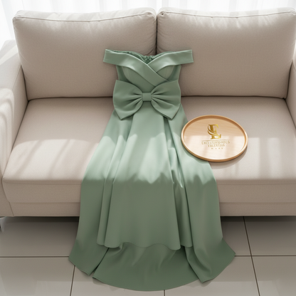 Vestido de Gala Verde Menta Off-Shoulder con Moño Gigante y Falda en Capas - Elegante Largo cod.363