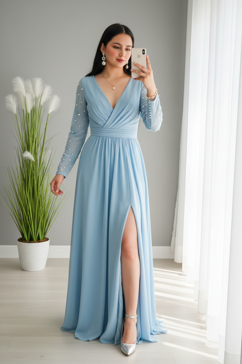 Vestido Azul Cielo Manga Larga Tul Perlas Abertura cod.V696