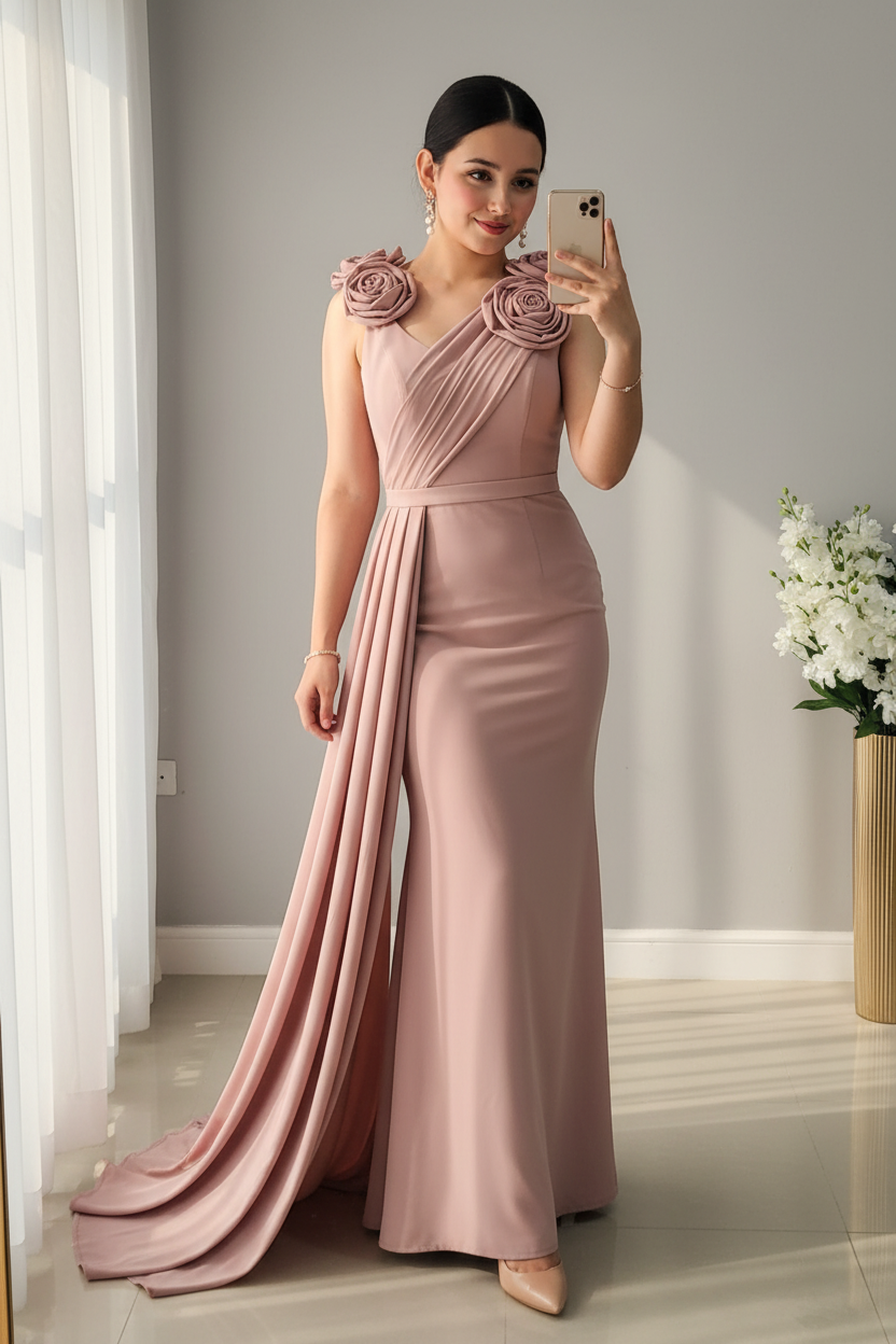 Vestido Rosa Palo Sirena Rosas 3D Hombros y Cola Lateral — Gala y Eventos de Lujo cod.0071