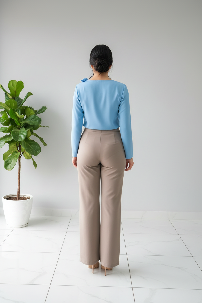 Pantalón Beige Tiro Alto con Pierna Acampanada y Abertura en el Dobladillo cod.382