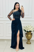 Vestido Largo Azul Marino Tul con Perlas y Abertura cod.V936
