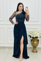 Vestido Largo Azul Marino Tul con Perlas y Abertura cod.V936